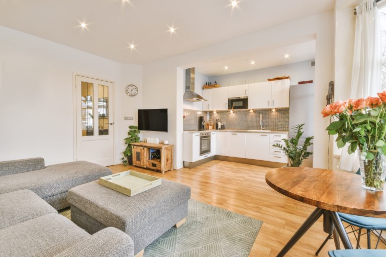 Comfortable armchairs and couch placed near lamps and shelf with TV and dining zone with kitchen against window in modern living room
